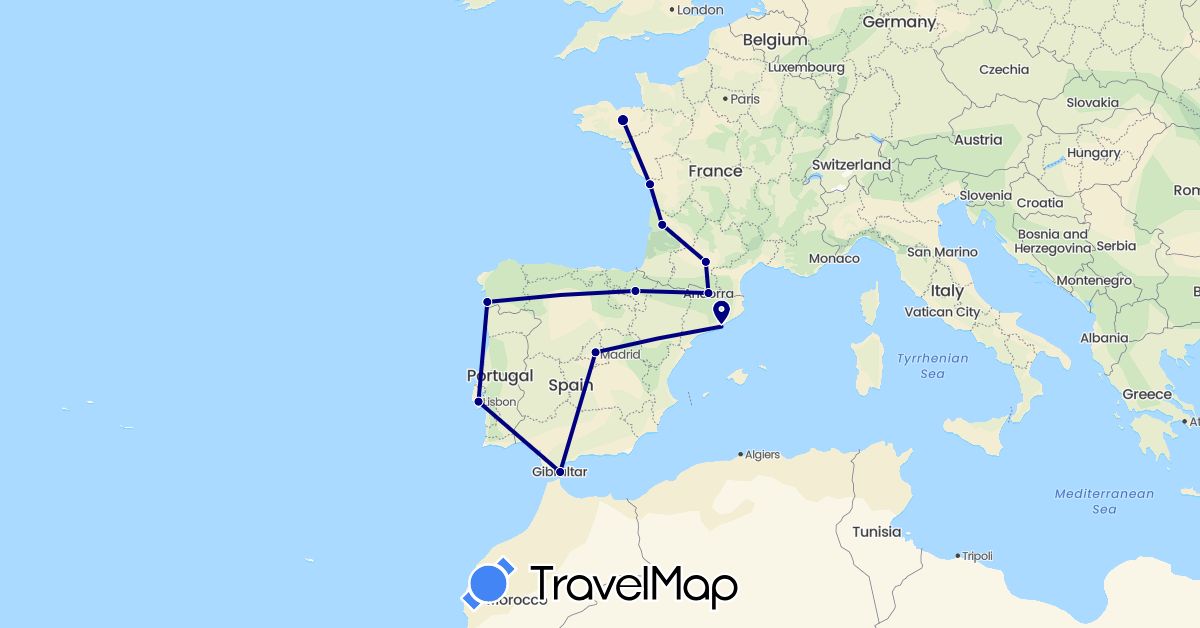 TravelMap itinerary: driving in Andorra, Spain, France, Gibraltar, Portugal (Europe)